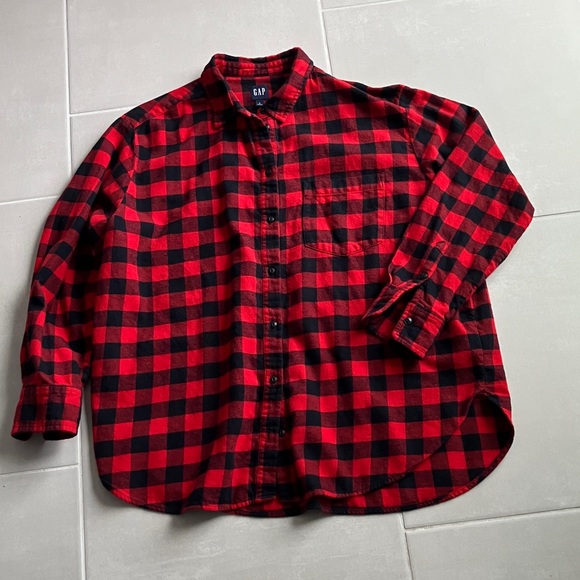 GAP Women Oversized Plaid Flannel Button Down Shirt-Red Buffalo Plaid | L - Picture 11 of 13
